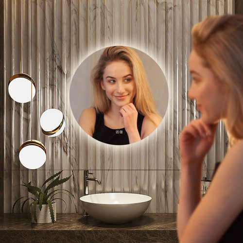 Orren Ellis Round Frameless Lighted Bathroom/Vanity Mirror Dimmable